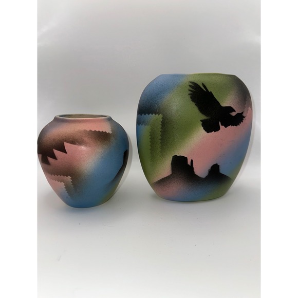 D. Ben Other - D Ben Signed 1995 Southwestern Pottery Set 2 Eagle Desert Airbrush Ceramic Vases